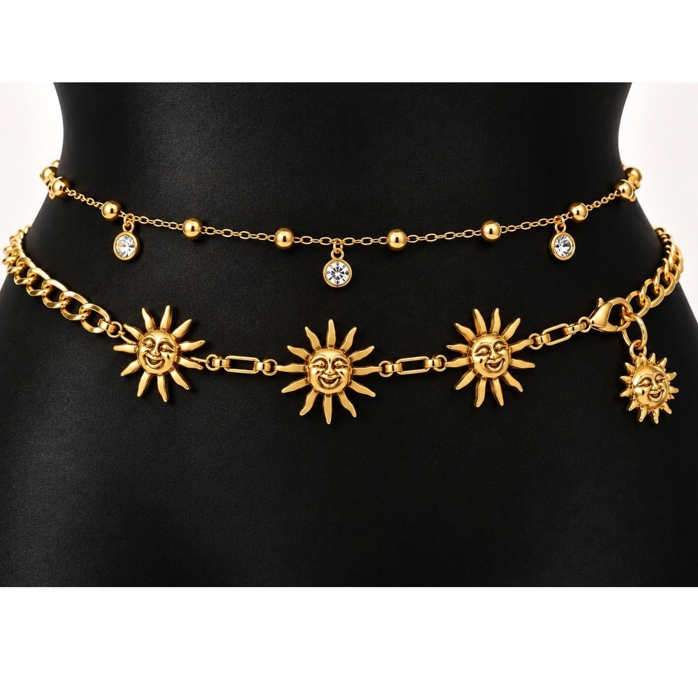 Gold Sun Face Layered Belly Chain Celestial Rhinestone Waist Belt Adjustable